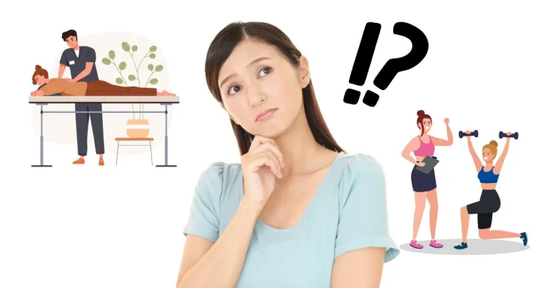 肩こりと猫背に悩む女性が、整体と運動のどちらを選ぶか迷っている様子を示すイメージイラスト。